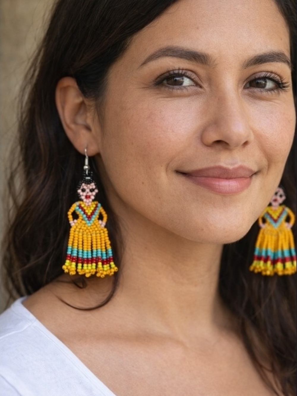 Handmade huichol Yellow Beaded Dress Dangle Earrings - Women Jewelry